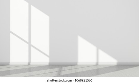 3D Stimulate Of White Room Interior And Wood Plank Floor With Sun Light Cast Shadow On The Wall,Perspective Of Minimal Design Architecture	
