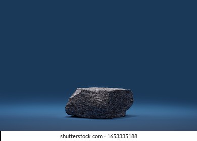 3D Stone, granite podium on classic blue background. Minimal trendy gray pedestal platform for product promotion. Navy banner, 3D render with copy space. Simple abstract illustration display mockup