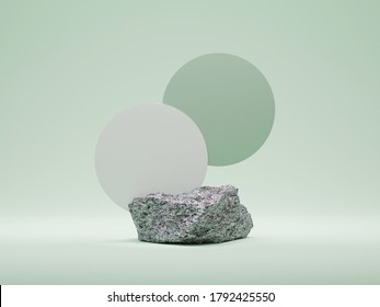 3D Stone, podium display on pastel green background copy space. Minimal granite trendy gray pedestal platform for product or cosmetics with round frame. Beauty 3D render abstract illustration mockup