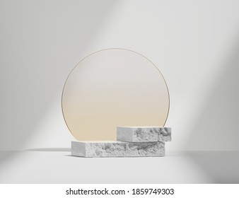 3D stone podium display on white background. Round beige frosted glass rim frame. Cosmetics, beauty product promotion pedestal.  Natural rough grey rock showcase. Abstract minimal studio 3D render 
