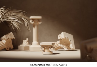 3D stone podium pillar display on beige background.  Ancient Pedestal for beauty product, cosmetic promotion. Natural palm leaf and shadow. Minimal studio scene. Abstract 3d render Column stand