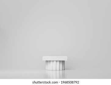 3D stone podium pillar pedestal on white background. Gray display for beauty product, cosmetic promotion. Natural rock, stone. Minimal studio scene. Abstract 3d render with copy space. Column stand
