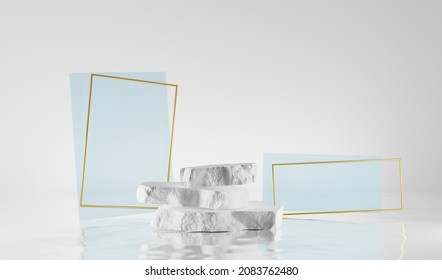 3D Stone Step Podium With Abstract Blue Geometric Figures And Golden Rectangle Frames. Floating Pedestal On Water. Natural Rough White Rock For Beauty Cosmetic Product Display, 3D Render Illustration