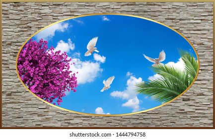 3D stone wall ceiling wallpapers,palm tree and pigeons