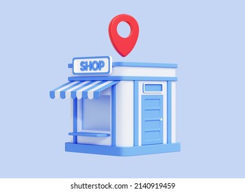 3D Store Building With Red Map Pin. Shop Rental Or Sale. Online Shopping Concept. Business And Commerce. Location Point. Creative Minimal Design Isolated On Blue Background. Cartoon Icon. 3D Rendering