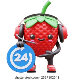 3D Strawberry Character With Headset Holding 24 Hours Icon Suitable For Customer Service Or Support Concepts - Powered by Shutterstock