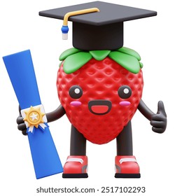 3D Strawberry Character Wearing Graduation Cap Holding Diploma Suitable For Education And Achievement Concepts - Powered by Shutterstock