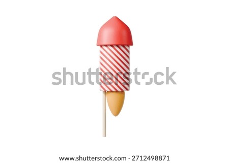 3d striped rocket firework with flame icon. celebration party concept. minimal cartoon firecracker rocket for holiday banner hero header. isolated on white background. 3d render.