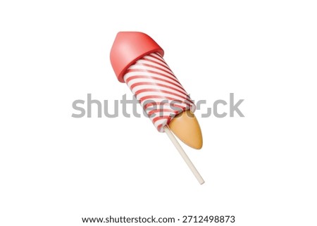 3d striped rocket firework with flame icon. celebration party concept. minimal cartoon firecracker rocket for holiday banner hero header. isolated on white background. 3d render.
