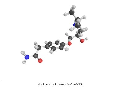 3d structure of Atenolol, a drug belonging to the group of beta blockers, a class of drugs used primarily in cardiovascular diseases. It works by slowing down the heart and reducing its workload.