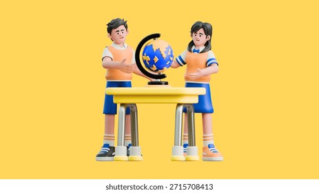3D Student Character Explaining Globe in Classroom Education Background with Geography Elements