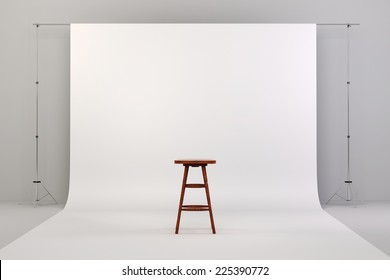 3d Studio Setup With White Background And Wooden Chair