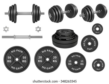 3D Studio shots of a barbells weights and dumbbells isolated on white background. For GYM and fitness