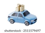 3D style automobile car and golden coins, 3d rendering. 3D illustration.