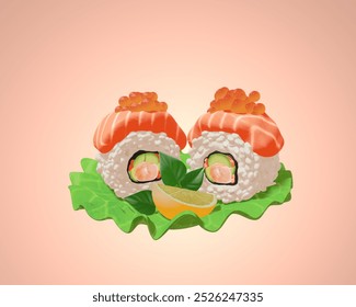 3D stylized cartoon sushi. Japanese seafood, shrimp, avacado, salmon, red caviar.Traditional Asian food is isolated on a pink background. - Powered by Shutterstock