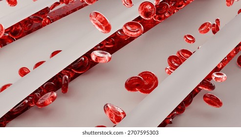 A 3D stylized illustration simulating three open wounds. A deep cut with red oval cells flowing from the edges, symbolizing blood. Trauma, bleeding, for medical and advertising purposes.
