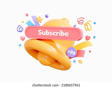 3D Subscribe Bell Notification With Confetti. Congratulations On New Social Media Followers. New Subscriber In Social Network. Cartoon Creative Design Icon Isolated On White Background. 3D Rendering