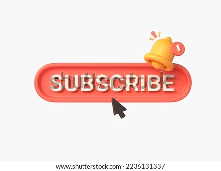 3d subscribe button, bell and mouse pointer in cartoon style. the concept of subscribing to a channel, blog or newsletter. illustration for marketing isolated on belmo background.3d rendering
