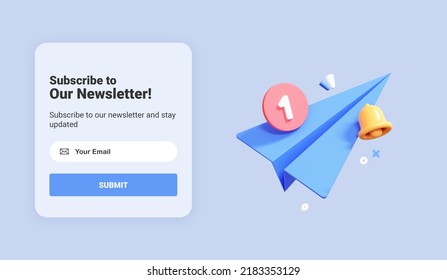 3D Subscribe To Newsletter Banner Template With Cartoon Paper Airplane. Email Business Marketing Concept. Subscription To News And Promotions. Registration Form. Web Button Mockup. 3D Rendering