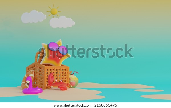 3D summer banner template with starfish\
picnic basket flamingo crab coconut 3D\
Render