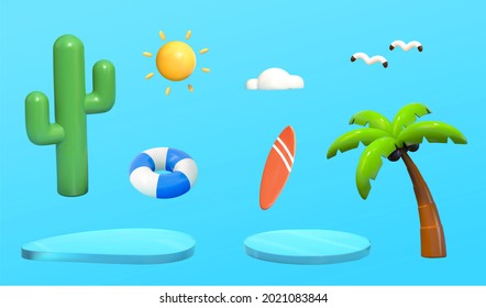 3d Summer Beach Objects. Illustration Of Tropical Plants, Aquatic Exercise Equipment And Weather Elements, Etc. On Blue Background