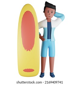 3d summer male character thinking with surfboard object