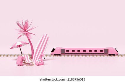 3d Summer Travel With Beach Chair, Flamingo, Ball, Coconut Palm Tree,  Surfboard, Umbrella, Sky Train Transport Toy, Railroad Tracks Isolated On Pink Background. Concept 3d Render Illustration 