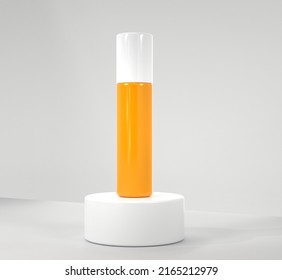 3D Sunscreen bottle on white round podium mock up banner. Beauty cosmetic cream with uv protection, skincare lotion. Blank orange container on minimal white background for display product, 3d render - Shutterstock ID 2165212979
