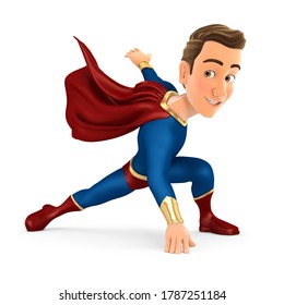 3d Superhero Landing On Floor, Illustration With Isolated White Background