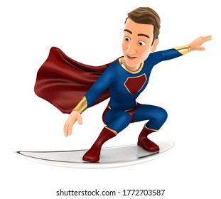 3d superhero surfing on a surfboard, illustration with isolated white background - Powered by Shutterstock