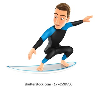 3d surfer surfing on a surfboard, illustration with isolated white background