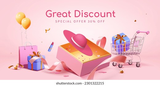 3D surprise sale advertising poster. Pink hats popping out from surprise box with unwrapped ribbon under, surrounded by shopping cart with gift, shopping bag, balloons, lipstick, and gift. - Powered by Shutterstock