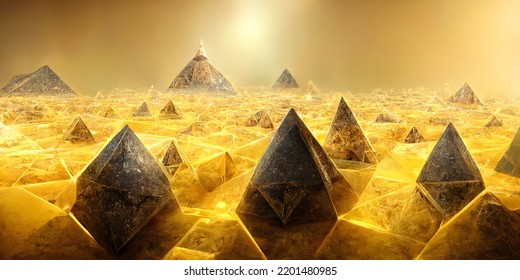 3d Surreal Landscape With Abstract Fantasy Pyramids In Triangle Forms In Rough Yellow Gold Metal Material With Sun On Back In Fogy Environment 