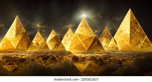 3d Surreal Landscape With Abstract Fantasy Pyramids In Triangle Forms In Rough Yellow Gold Metal Material With Sun Ray On Back Dark Sky