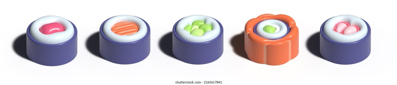 3D sushi  isometric render illustration, isolated. Traditional japanese rolls on white background