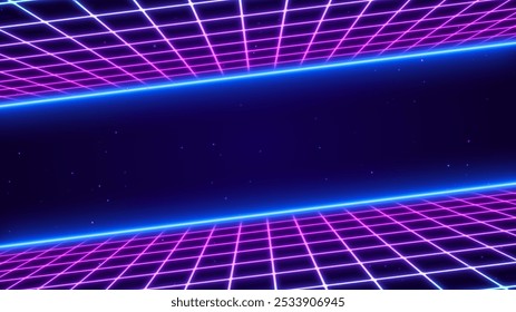 3D Synthwave terrain landscape, digital blue purple glow cyberspace laser neon grid floor perspective, abstract futuristic retrowave poster design, 80s retro night arcade game tech style background - Powered by Shutterstock