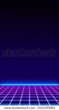 3D Synthwave terrain landscape, digital blue purple glow cyberspace laser neon grid floor perspective, abstract futuristic retrowave poster design, 80s retro night arcade game tech style background