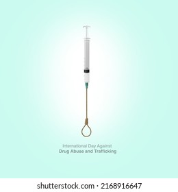 3d Syringe and 3d Fascist rope represent International Day Against Drug Abuse and Illicit Trafficking. 3d illustration.