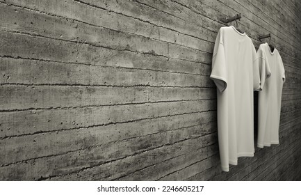 3d t shirt mock up . Blank white T-Shirts Mock-up hanging on industrial wall, rear side view . Ready to replace your design. 3d rendering. stock image