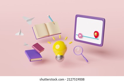 3d tablet computer with yellow light bulb, play bar, paper plane, magnifying isolated on pink background. idea tip education, knowledge creates, e-learning concept, 3d render illustration  - Powered by Shutterstock