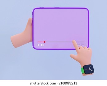 3d Tablet With A Video Screen. Video Screen Template. Hand Holding A Tablet With A Blank Video Screen. 3d Rendering Illustration