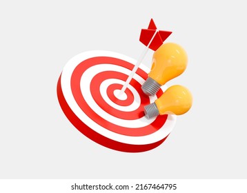 3D Target and SEO optimisation. Marketing time concept. Business solution and idea. Dartboard with lightbulb. Goal achievement. Cartoon creative design icon isolated on white background. 3D Rendering