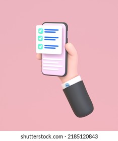 3D. Task Management Todo Check List With Mobile Phone Holding Hand.
