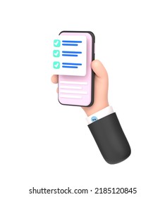 3D. Task Management Todo Check List With Mobile Phone Holding Hand.
