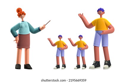 3d Teachers Professors And Students Discussing Class Home Work. Hand Reparation And Pointer Stick. Boy And Girls Presenting Your Work Isolated White Background Illustration. 3d Render