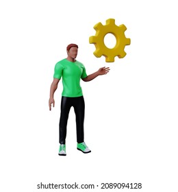 3D Technical Expert, Efficiency, Cartoon Character Icon. A 3D man holding a Golden gear wheel icon over white background, vector illustration. 3D illustration.

