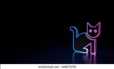 3d Techno Neon Purple Blue Glowing Outline Wireframe Symbol Of Cat Isolated On Black Background With Glossy Reflection On Floor