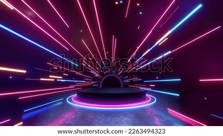 3d technology abstract neon light background, empty space scene, spotlight, dark night, virtual reality, cyber futuristic sci-fi background, street floor studio for mock up. colored geometric. Imagine de stoc © 