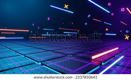 3d technology abstract neon light background, empty space scene, spotlight, dark night, virtual reality, cyber futuristic sci-fi background, street floor studio for mock up. colored geometric.