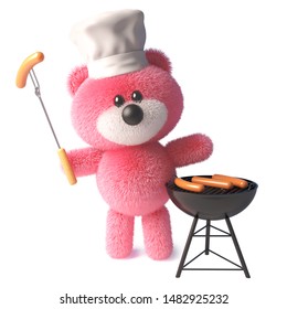3d teddy bear with fluffy pink fur cooks sausages on a bbq barbecue, 3d illustration render